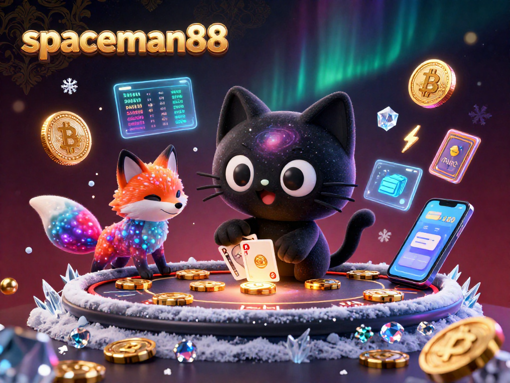 Engage in gaming events from spaceman88 at a cosmic casino with a black hole cat and nebula fox.