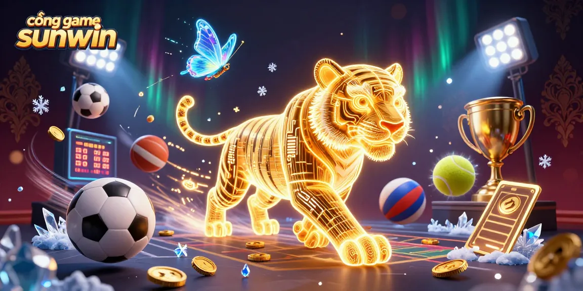Cổng game sunwin showcases vibrant 3D casino scene with golden tiger and sports elements, creating an immersive betting atmosphere.