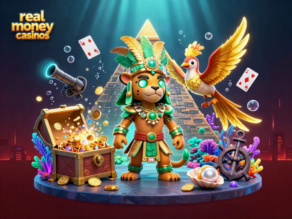Experience real money casinos in a vibrant 3D scene with a Mayan jaguar priest, treasure, and gaming elements.