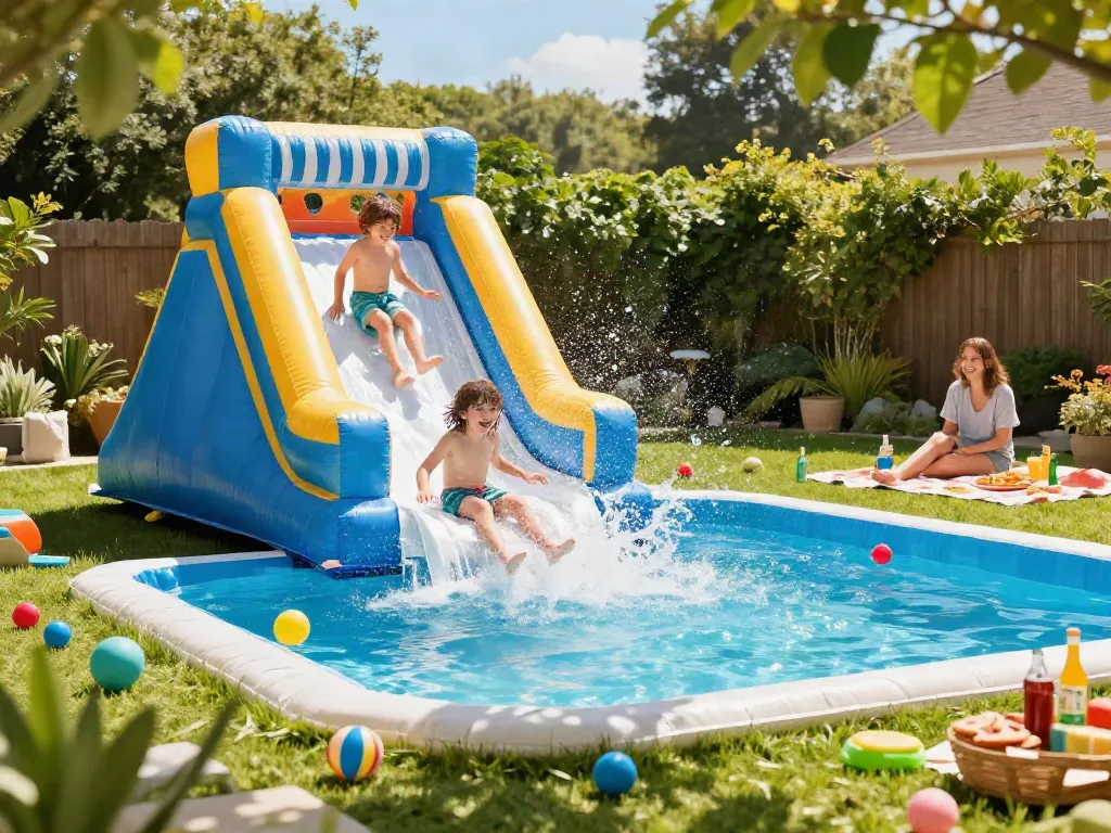 Excited children enjoying a slide in the water on a sunny day in a backyard pool.