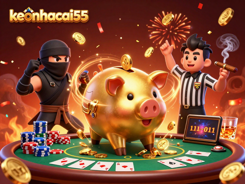 Engage with keonhacai55 as the golden sumo piggy bank stomps coins celebrating winning strategies in a vibrant casino.