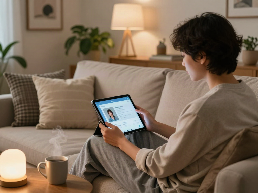 Cozy living room scene with person using AI sex chat on tablet, warm atmosphere and stylish decor.