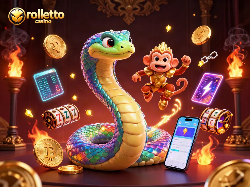 Play and win at rolletto casino with a vibrant scene of slots, a rainbow serpent, and glowing crypto coins.