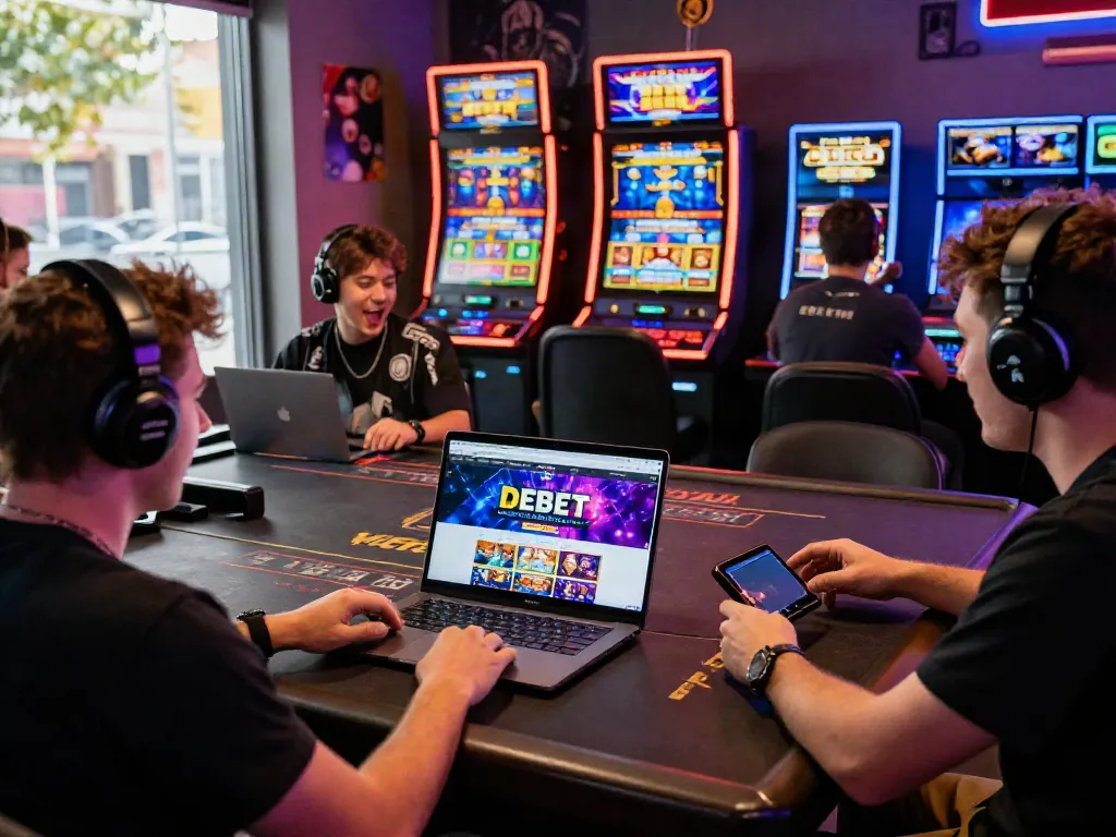 DEBET online gaming scene showcasing diverse players engaged in casino games and vibrant graphics.