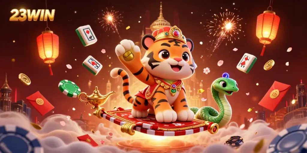 Experience the magic of 23WIN with an Arabian-themed 3D casino illustration, featuring stunning characters and vibrant elements.