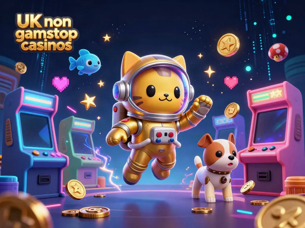 Engage with UK non gamstop casinos in a vibrant 3D scene featuring a heroic astronaut cat in space.