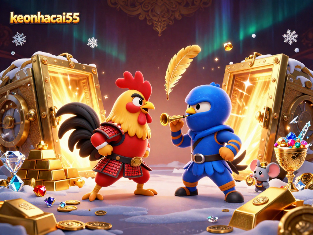 Watch twin 3D cartoon fighting roosters as keonhacai55 offers casino thrills in a vibrant showdown.