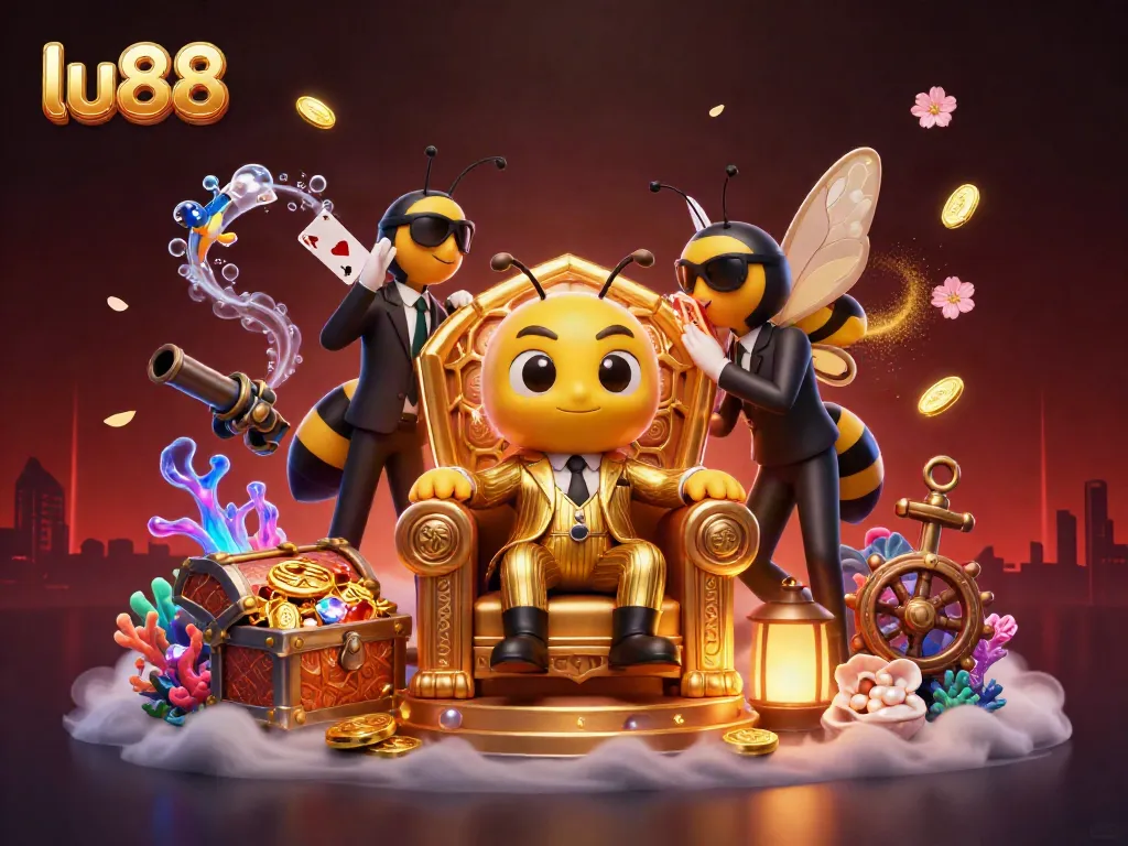 lu88: Experience a vibrant 3D casino adventure with a bumblebee mob boss and sparkling treasures.