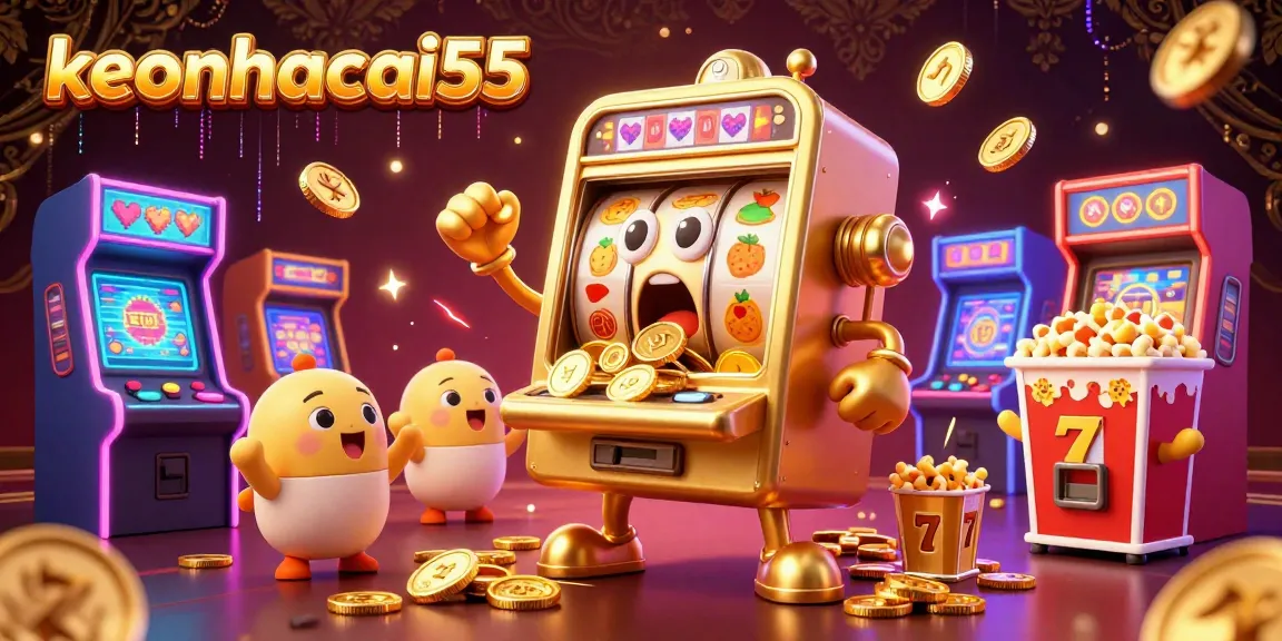 Experience keonhacai55 as a lively slot machine hits the jackpot amid cheering machines and colorful casino elements.