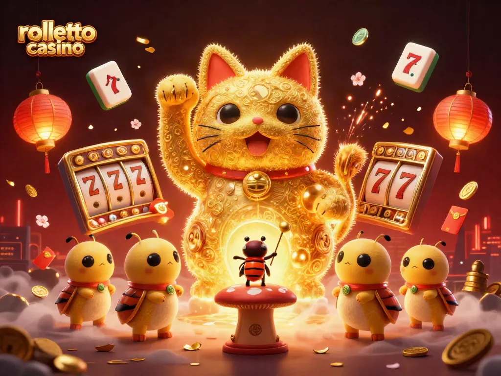 Experience the excitement of rolletto casino with a vibrant 3D lucky cat and casino symbols.