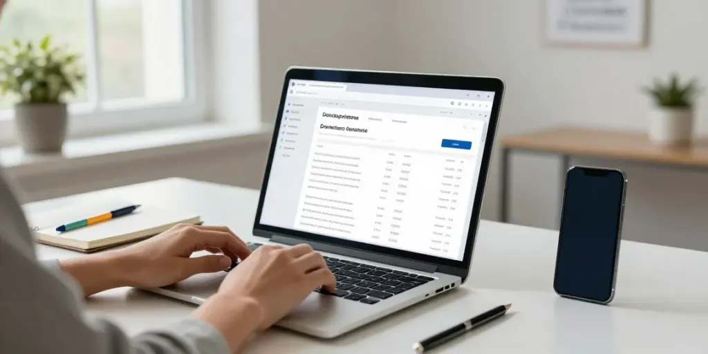 Researching to buy domain without hosting in a bright office setting.