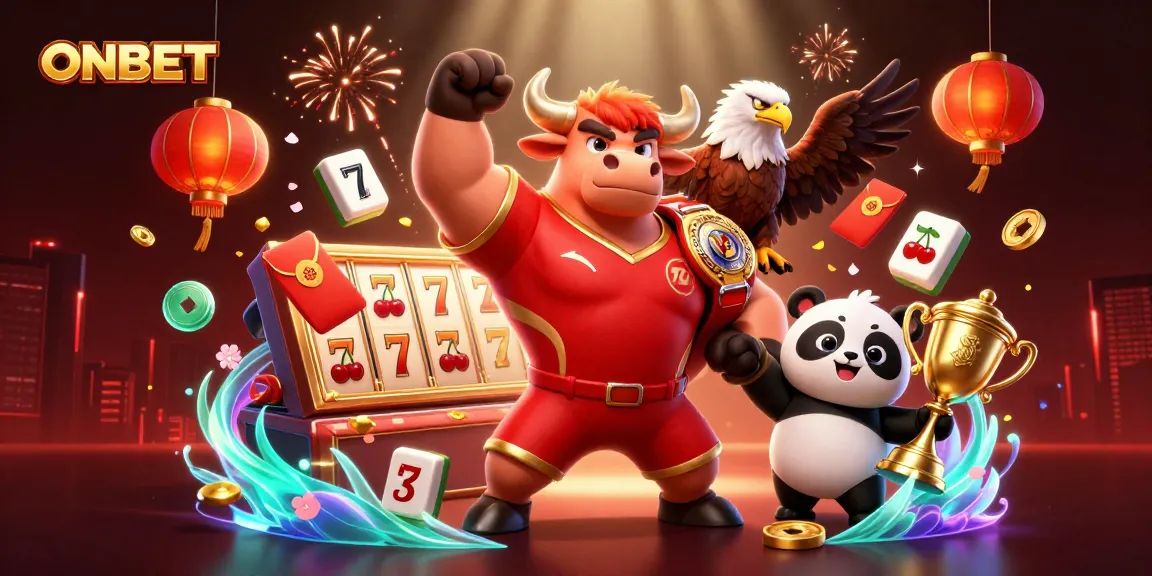ONBET slots illustration featuring a bull mascot celebrating with vibrant casino elements.
