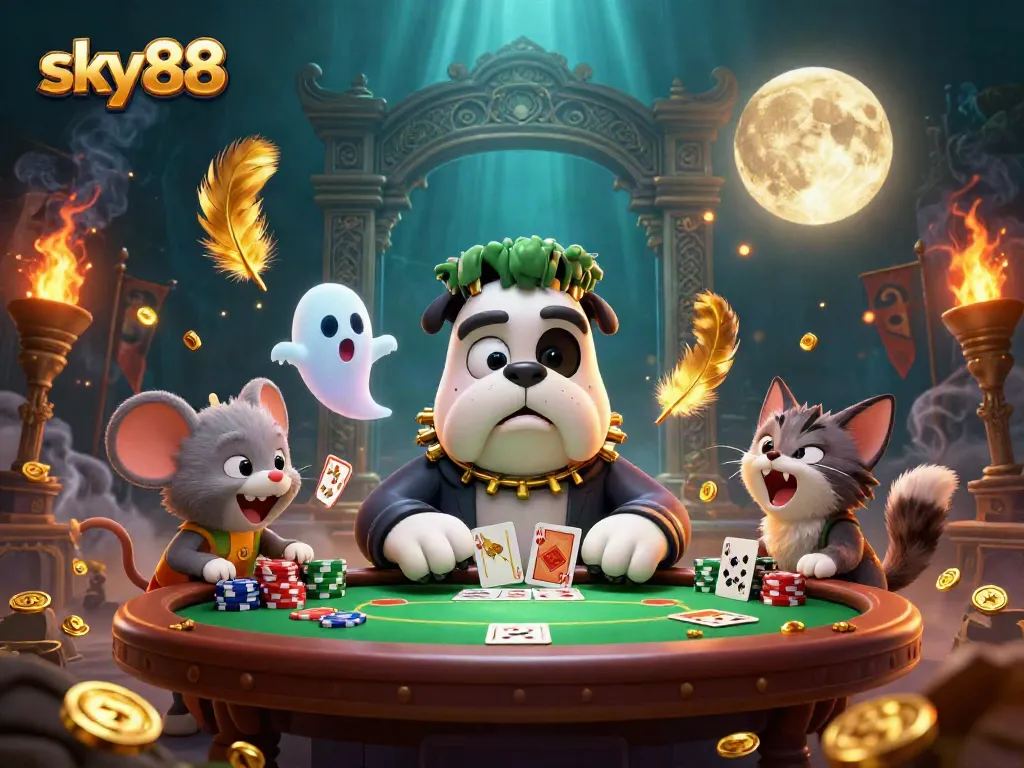 Engage with sky88 as a Frankenstein bulldog deals cards alongside a ghost mouse at a spooky casino.