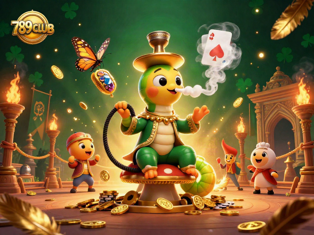 Engage with 789CLUB's thrilling casino atmosphere featuring a caterpillar hookah-master amidst dynamic gaming elements.
