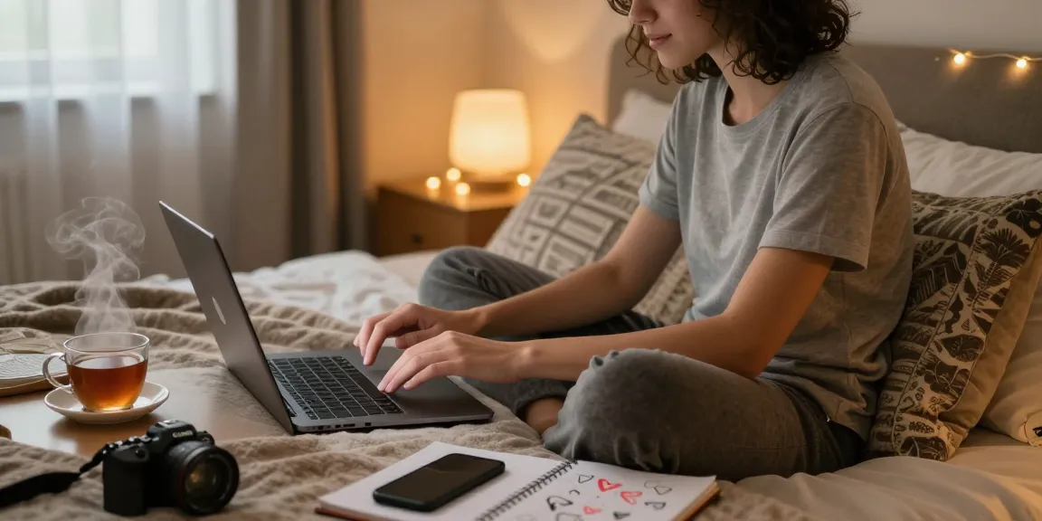Engaging in ai sex chat on a laptop in a cozy bedroom atmosphere with warm lighting and personal touches.