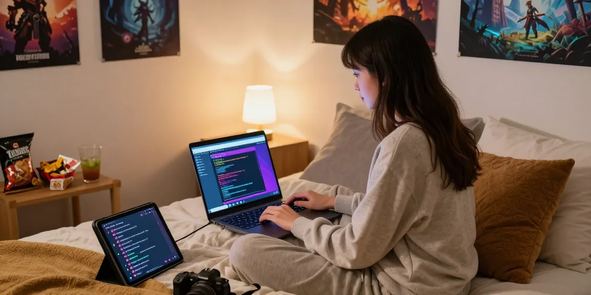 Enjoying html porn games on a cozy bedroom laptop setup with snacks and ambient lighting.