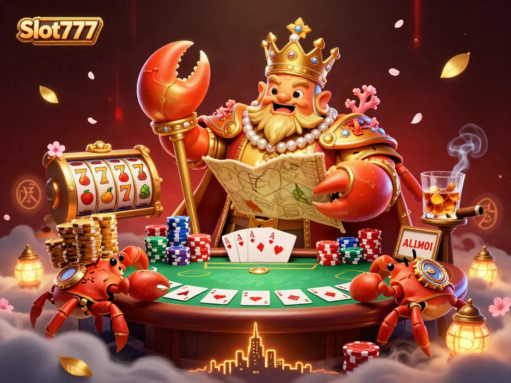 Experience the excitement of Slot777 with our golden crab emperor and slot games in a vibrant casino setting.