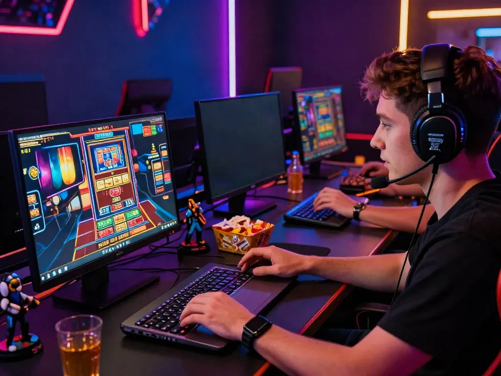 Engaged player enjoying gem88 online gaming with colorful screens and modern setup.