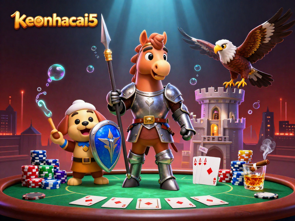 Engage with exciting gameplay at keonhacai55, featuring a medieval knight, puppy squire, and falcon in a vibrant casino setting.