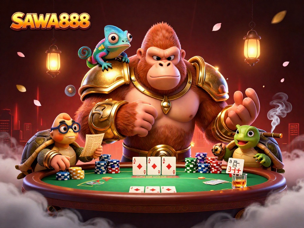 SAWA888 showcases a powerful gorilla king and friends, surrounded by dynamic casino elements.
