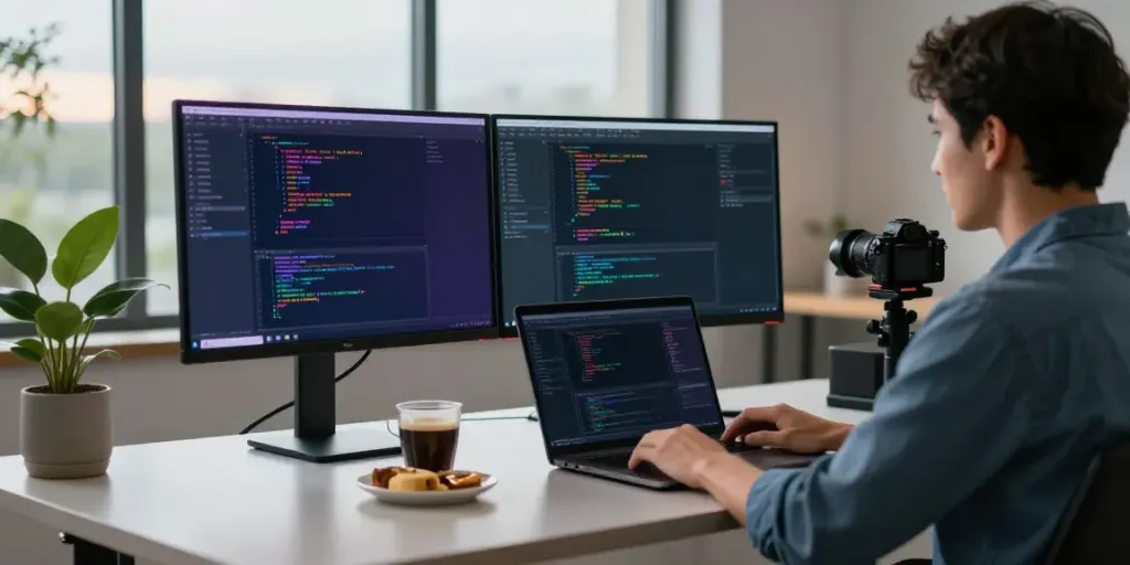 Developer utilizing instant indexing tools in a modern tech workspace, showcasing coding on multiple screens.