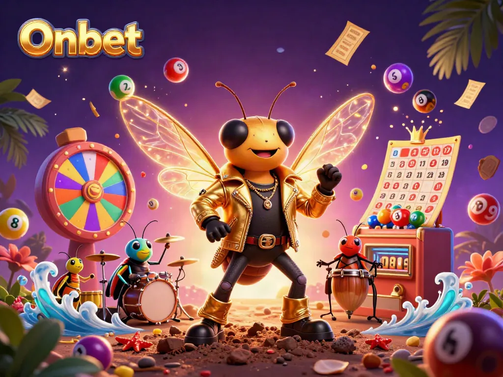 Engaging Onbet scene with a cicada rock star and vibrant lottery elements in a casino setting.