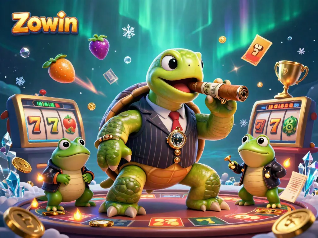 Zowin's themed casino illustration featuring a cartoon turtle in a mobster suit and slot reels