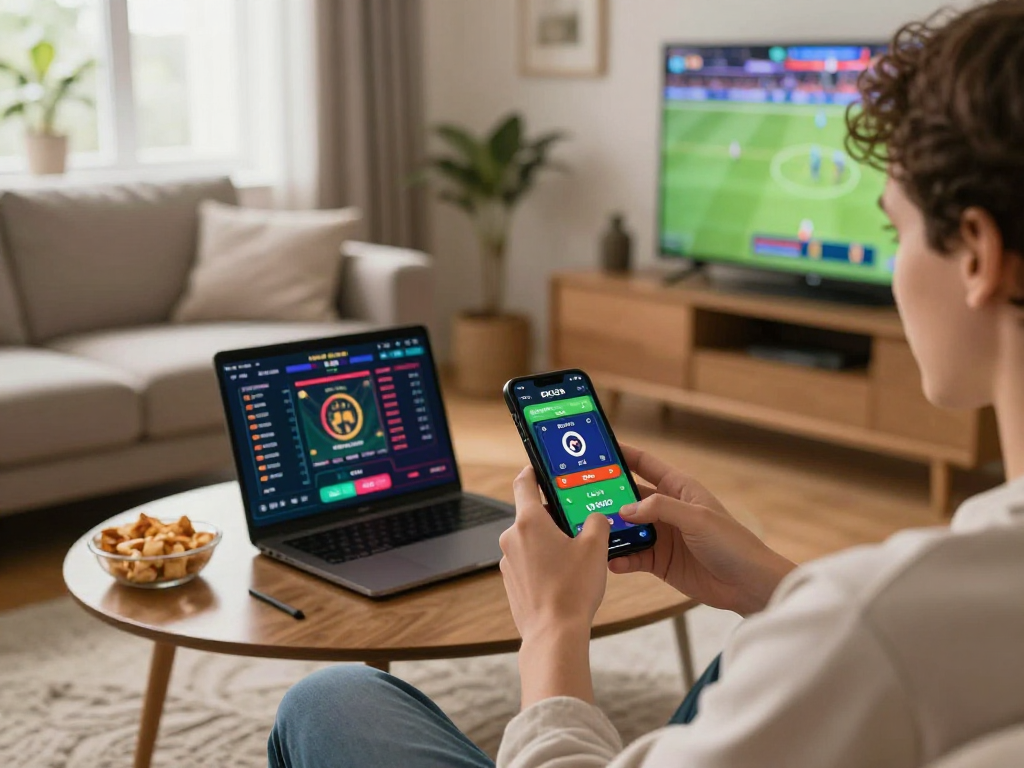 User enjoying EK333 online betting on smartphone with live sports event displayed in a cozy setting.