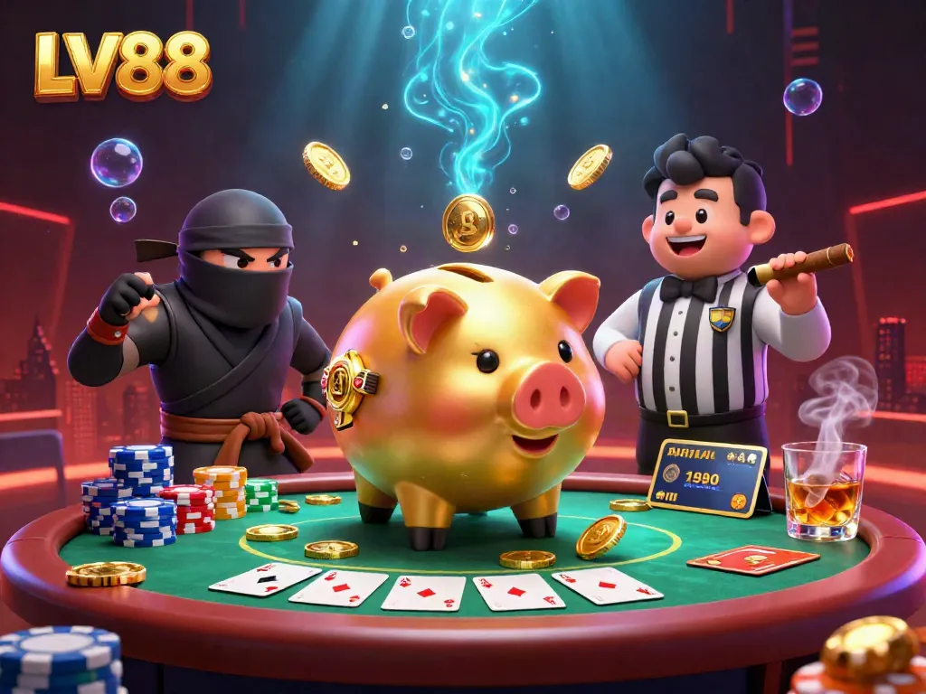 Experience high-stakes gaming excitement with LV88's colorful characters in a dynamic casino scene.