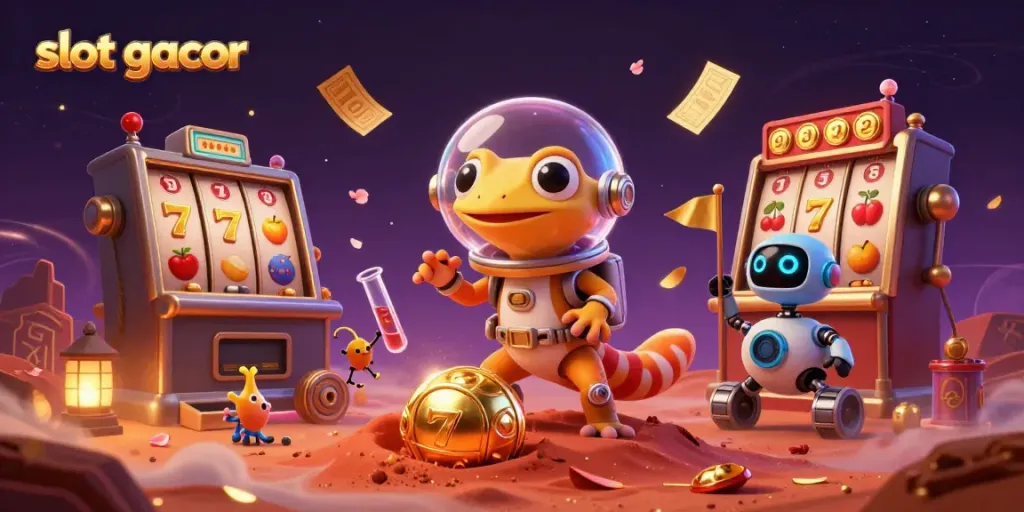 Experience the thrill of slot gacor with a Martian gecko, spinning golden symbols and festive casino elements.