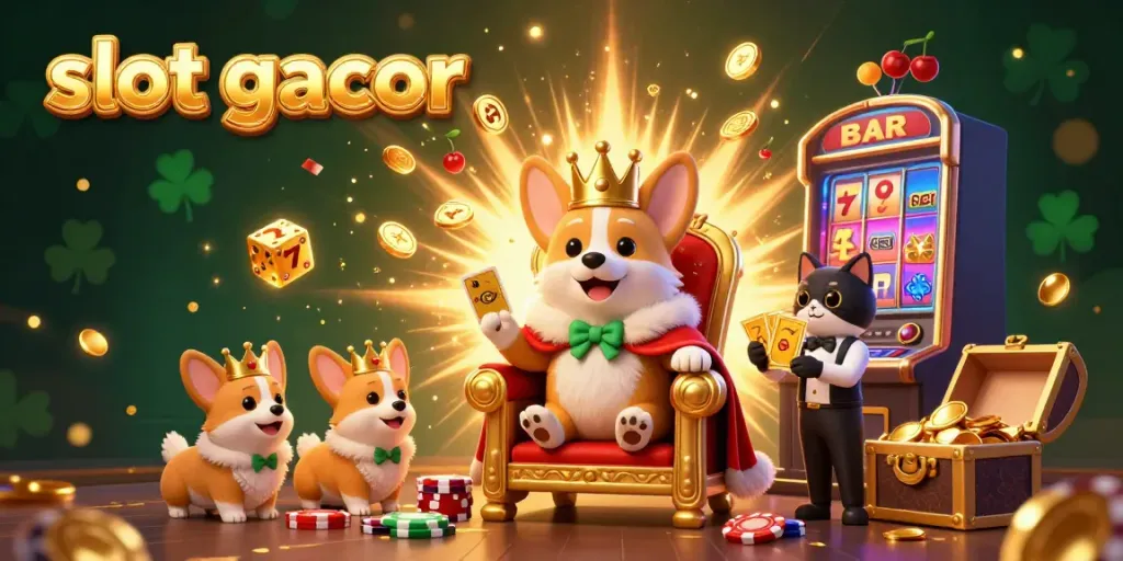 Experience the excitement of slot gacor with a royal corgi seated on poker chips in a vibrant casino scene.