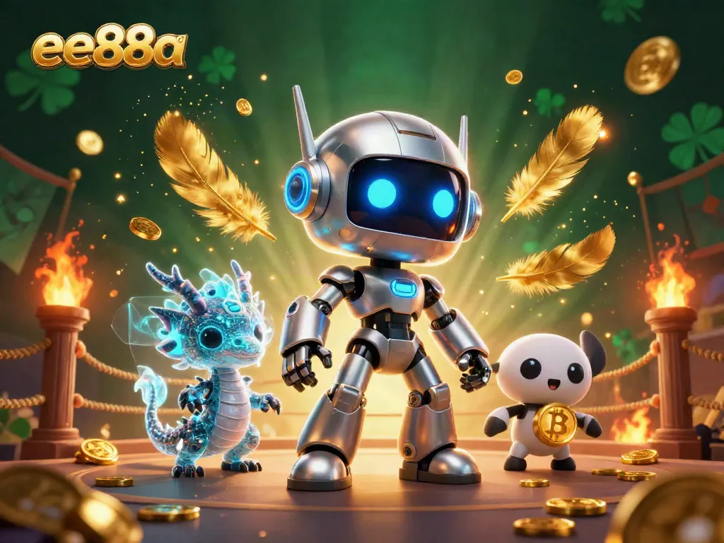 Engage with ee88a's vibrant gaming world featuring a cyberpunk robot and AI dragon among casino elements.