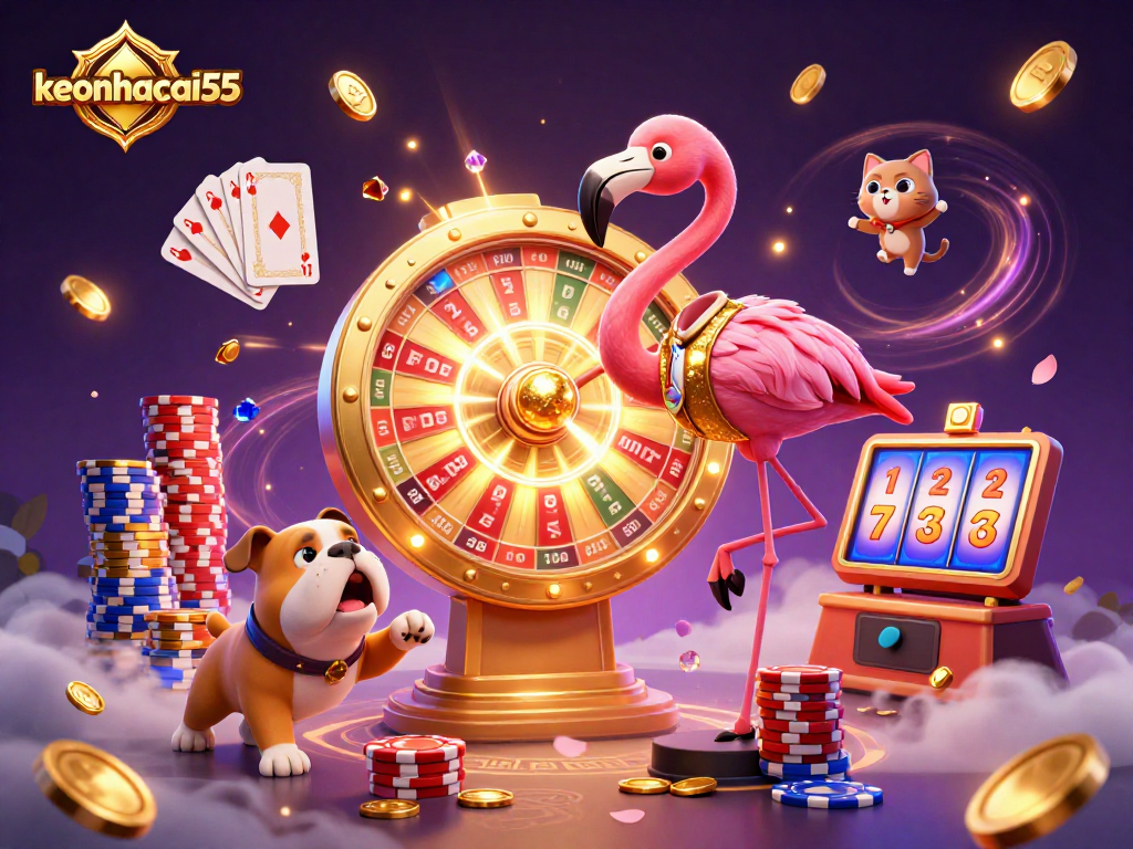 Spin the giant prize wheel with keonhacai55 in a vibrant casino scene filled with excitement and rewards.