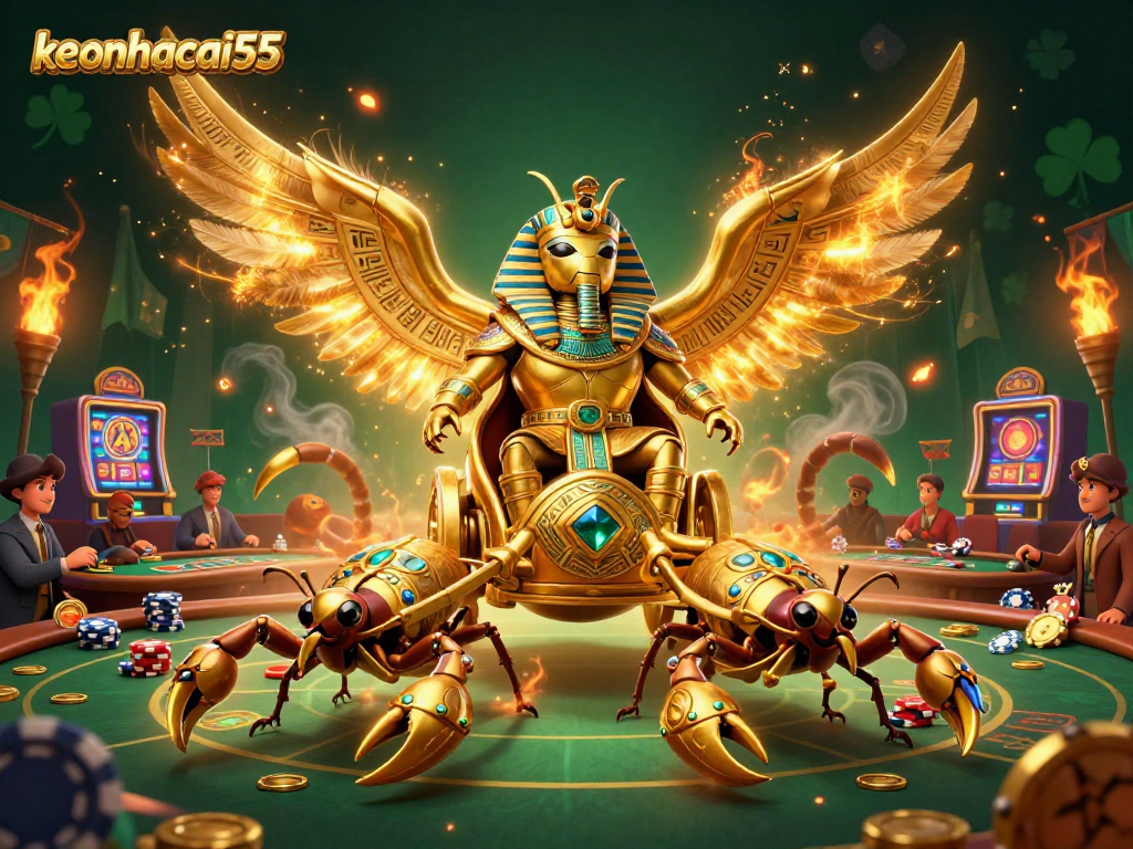 Engage in the excitement of keonhacai55 as golden symbols and characters bring a vibrant casino scene to life.