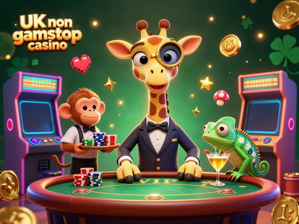 Engaging scene of a high-roller giraffe at a UK non gamstop casino poker table surrounded by vibrant game elements.