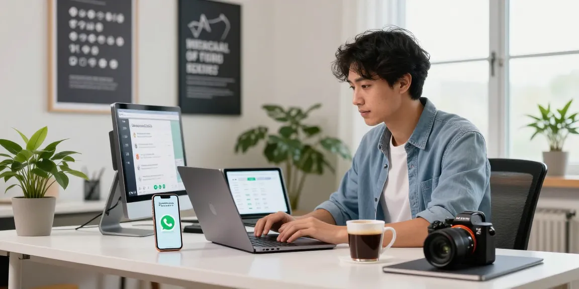 Downloading WhatsApp下載 on a modern laptop in a home office.