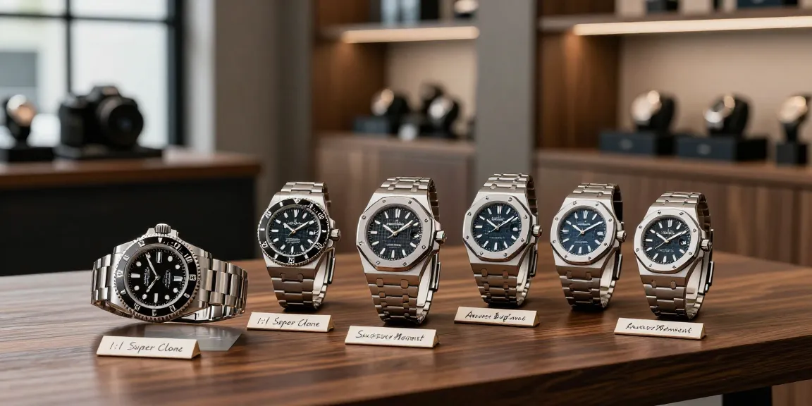 Sophisticated showcase of super clone watches highlighting luxury models in a modern boutique setting.