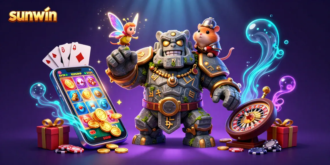 Experience thrilling gaming at sunwin with a fantasy scene of a magical golem and characters surrounded by vibrant casino elements