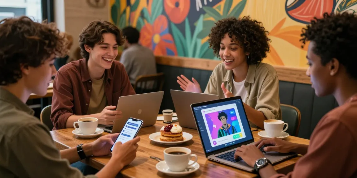 Engaging scene of diverse users interacting with nsfw ai chat on devices in a lively cafe, showcasing social engagement and digital exploration.