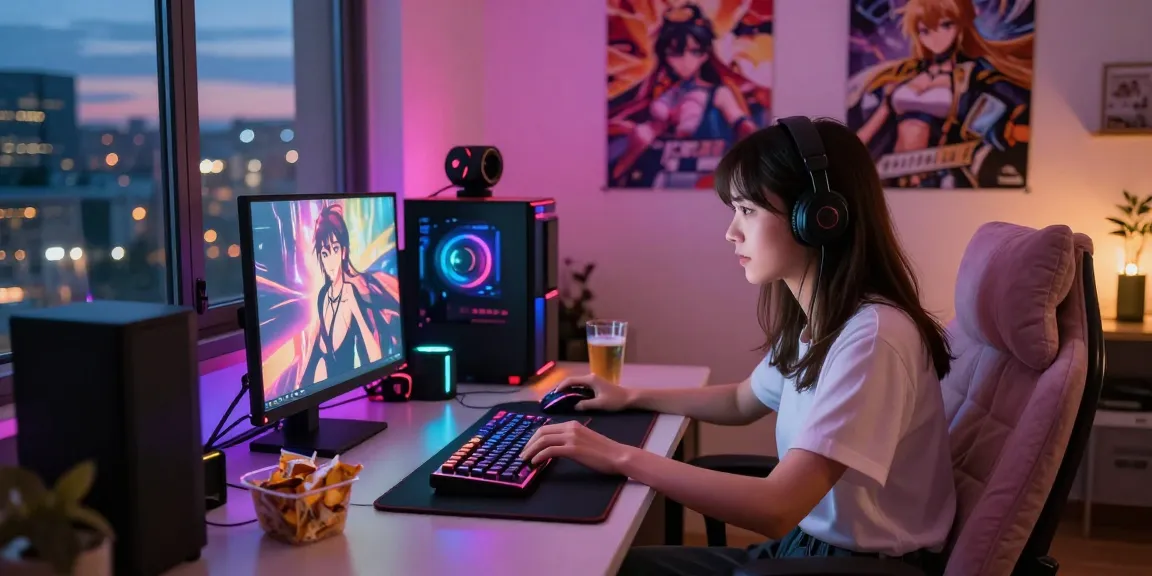 Engaged young woman playing a hentai game on her laptop in a cozy gaming setup.