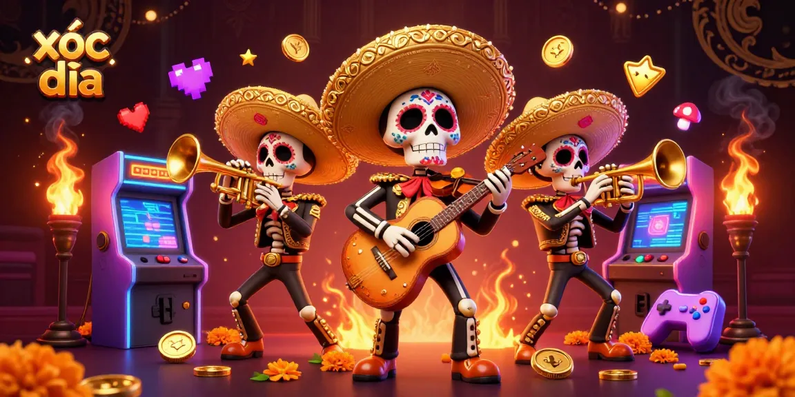 Xóc đĩa excitement captured in vibrant 3D illustration with casino elements and mariachi band.