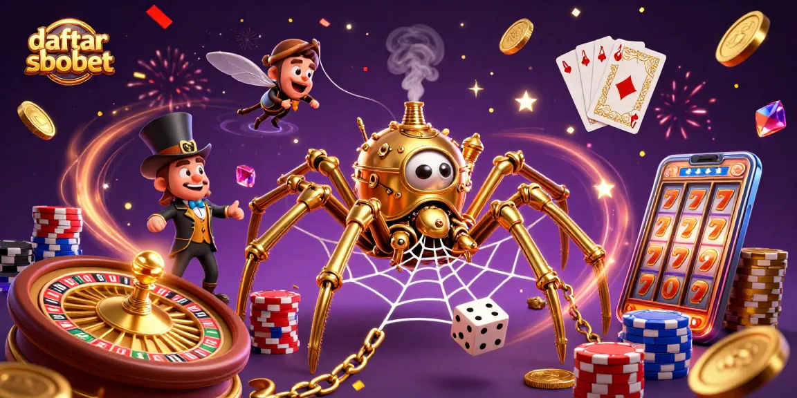 Experience daftar sbobet in a vibrant casino scene with a steampunk spider and playful elements.