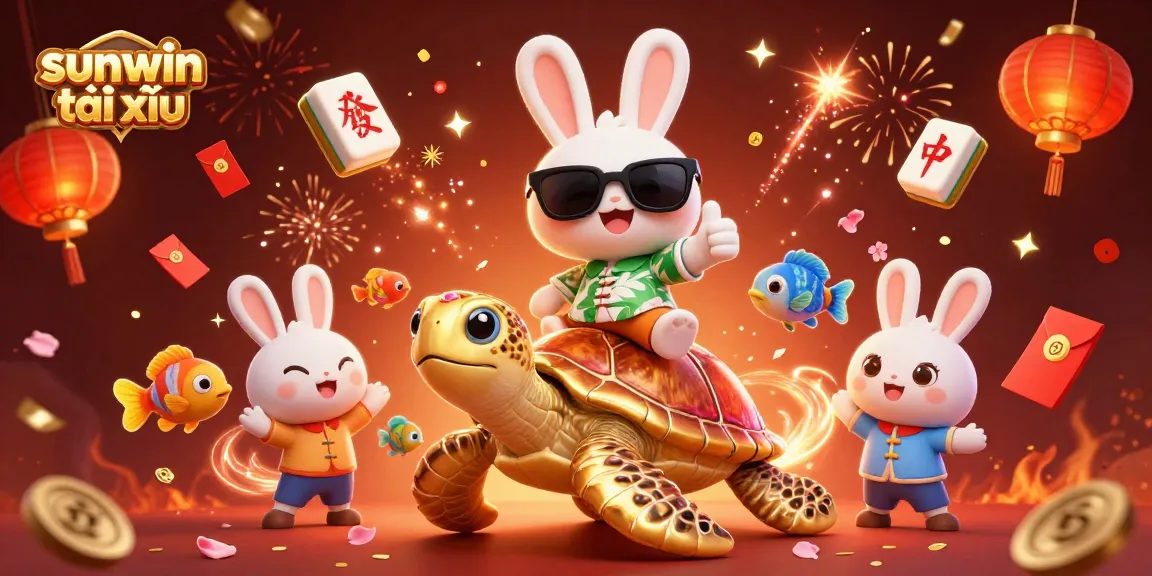 Experience sunwin tài xỉu excitement with a lucky rabbit and a golden turtle in a vibrant 3D illustration.