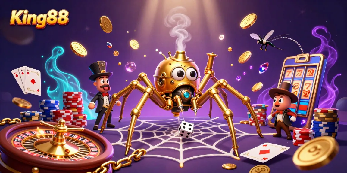 Experience thrilling gaming excitement at King88 with a dynamic 3D casino scene showcasing captivating games.