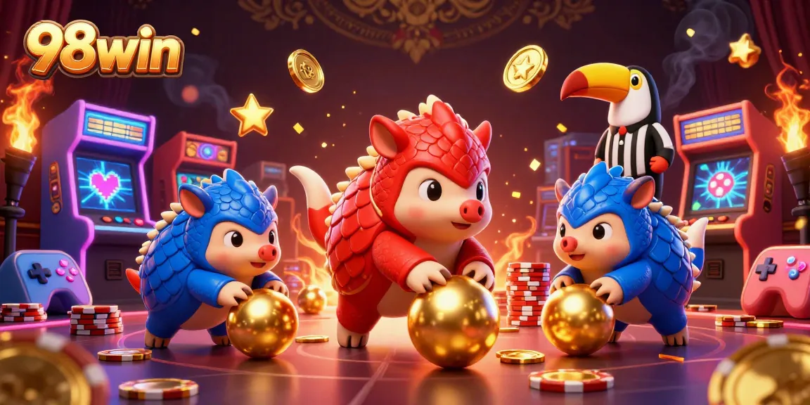 98win pangolins bowling through poker chips in a vibrant casino-themed illustration.