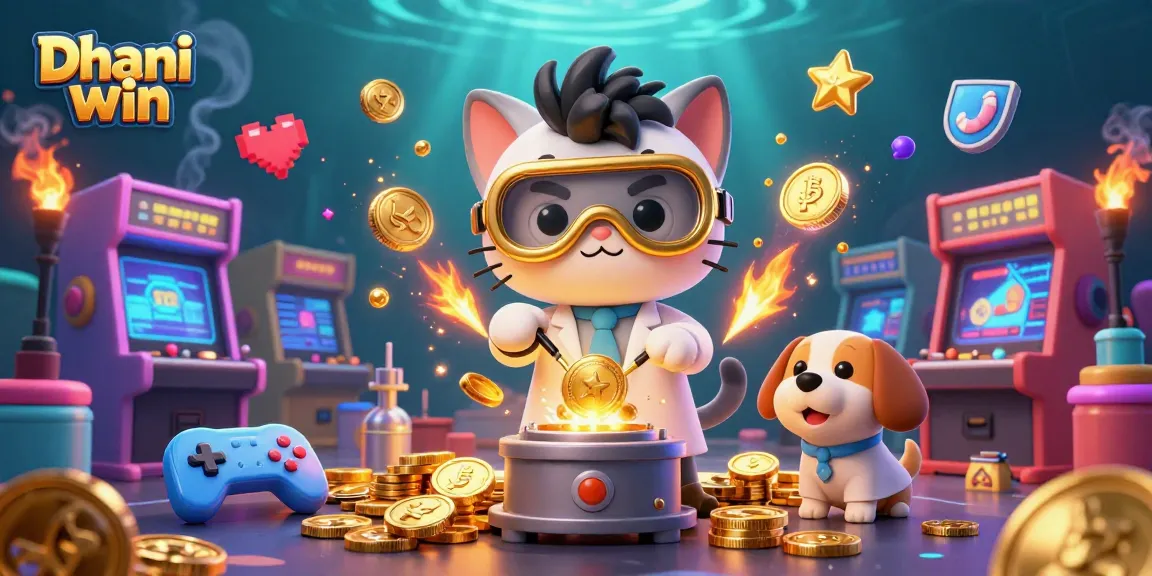 Dhani win offers excitement with a mad scientist cat and dog creating golden rewards amidst colorful casino games.