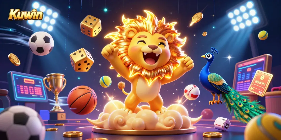 Kuwin showcases a vibrant scene with a lion, golden dice, and dynamic sports elements flying in action.