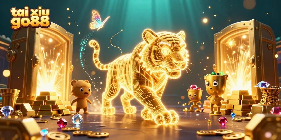 Engaging tai xiu go88 scene showcasing vibrant golden tiger in a dynamic casino landscape.