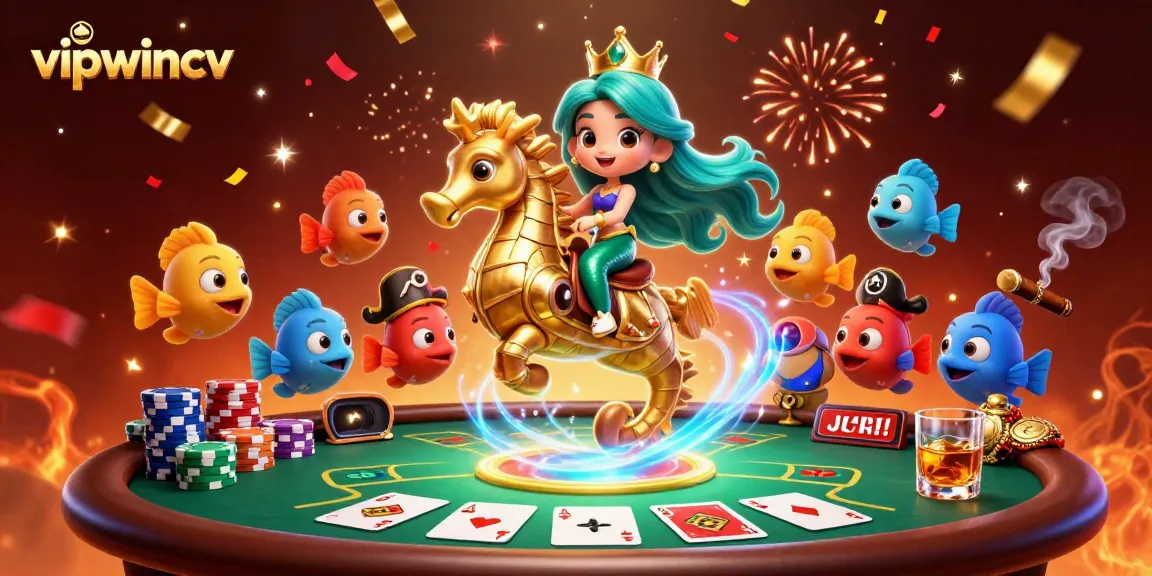 Engage with vipwincv in a vibrant 3D rendering showcasing a mermaid princess and poker elements.