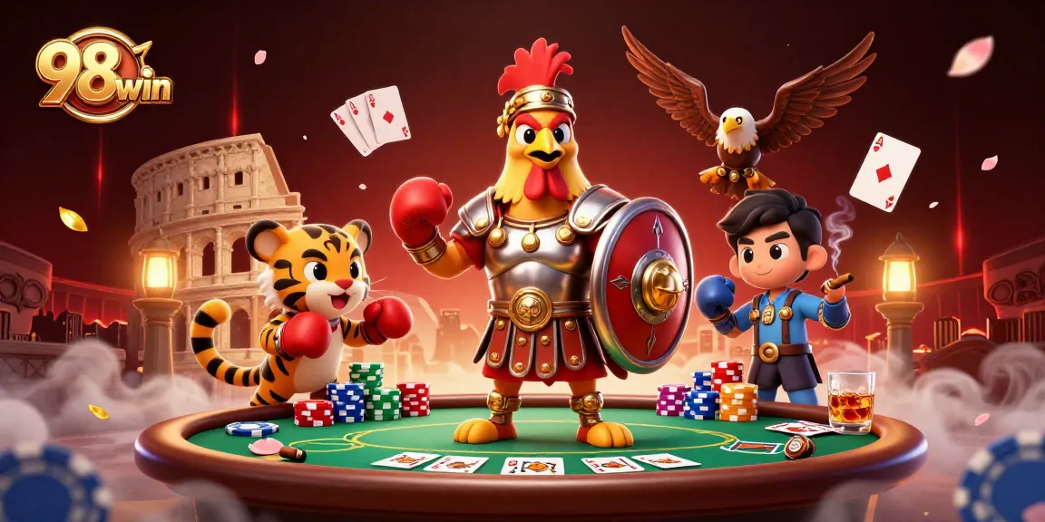 Engage in thrilling gameplay at 98win with a vibrant casino-themed 3D illustration.
